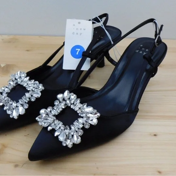 A New Day Annette Elegant Black Slingback Heels with Crystal Embellishment - Picture 4 of 6